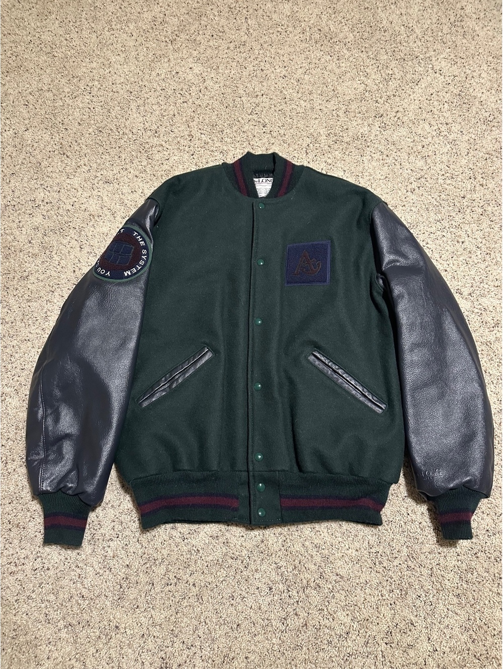 Vintage DeLONG Varsity Jacket with Leather Sleeves and Embroidered Patches